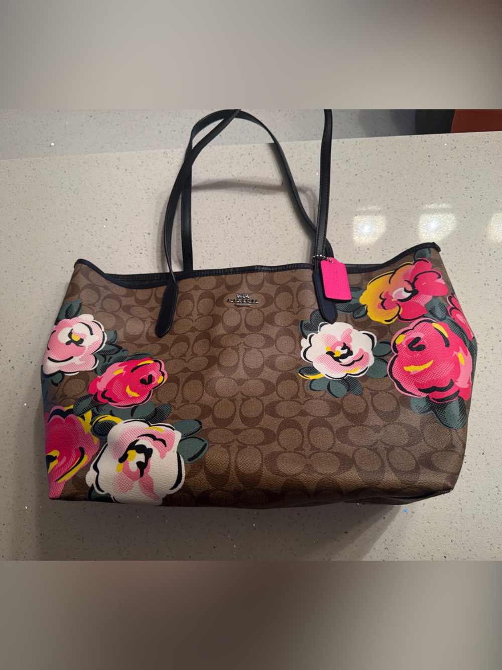 Coach Brown Logo Tote with Pink and Yellow Floral Print